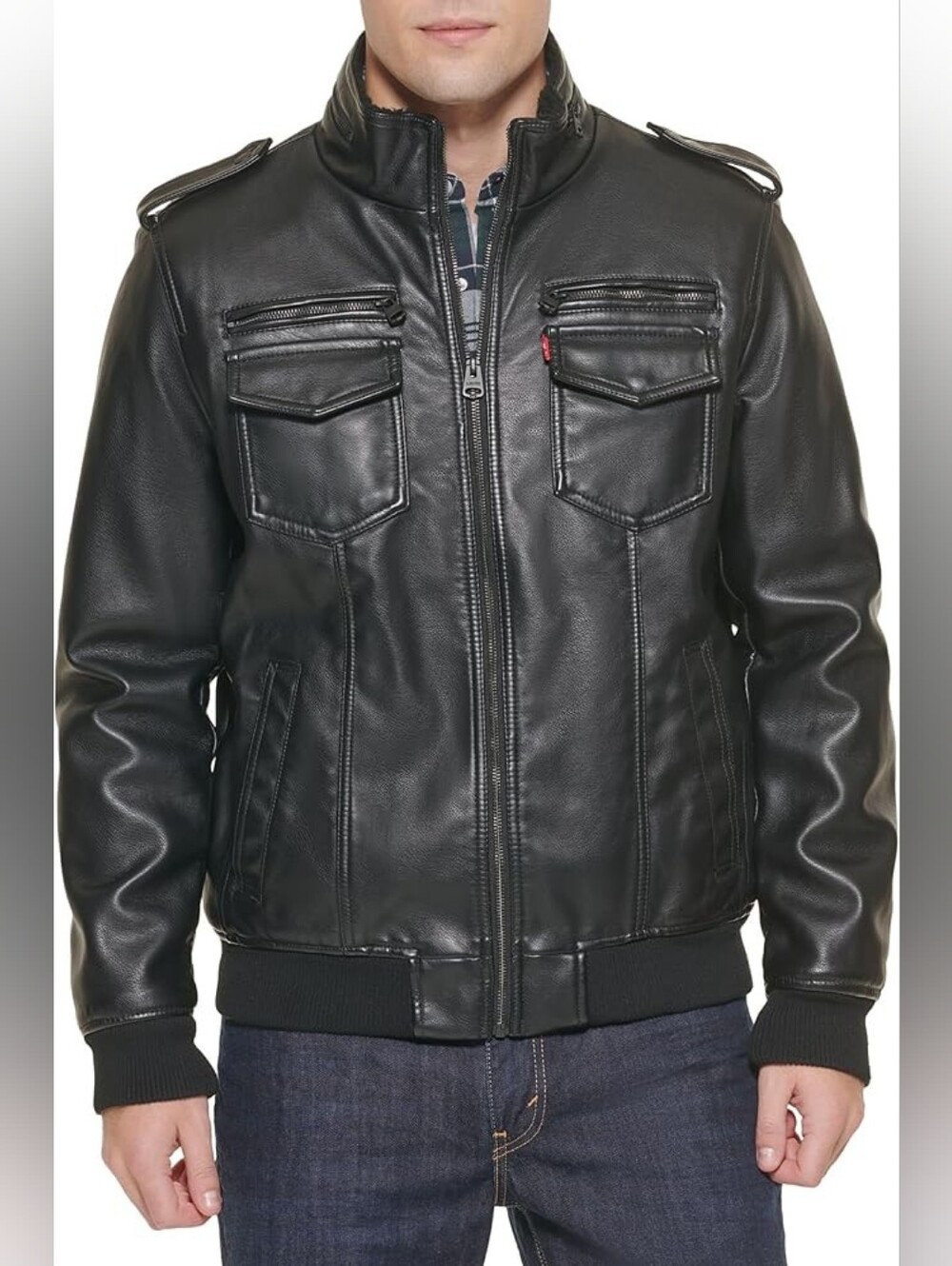 Levi's Black Faux Leather Shepa Lined Aviator Bomber Jacket